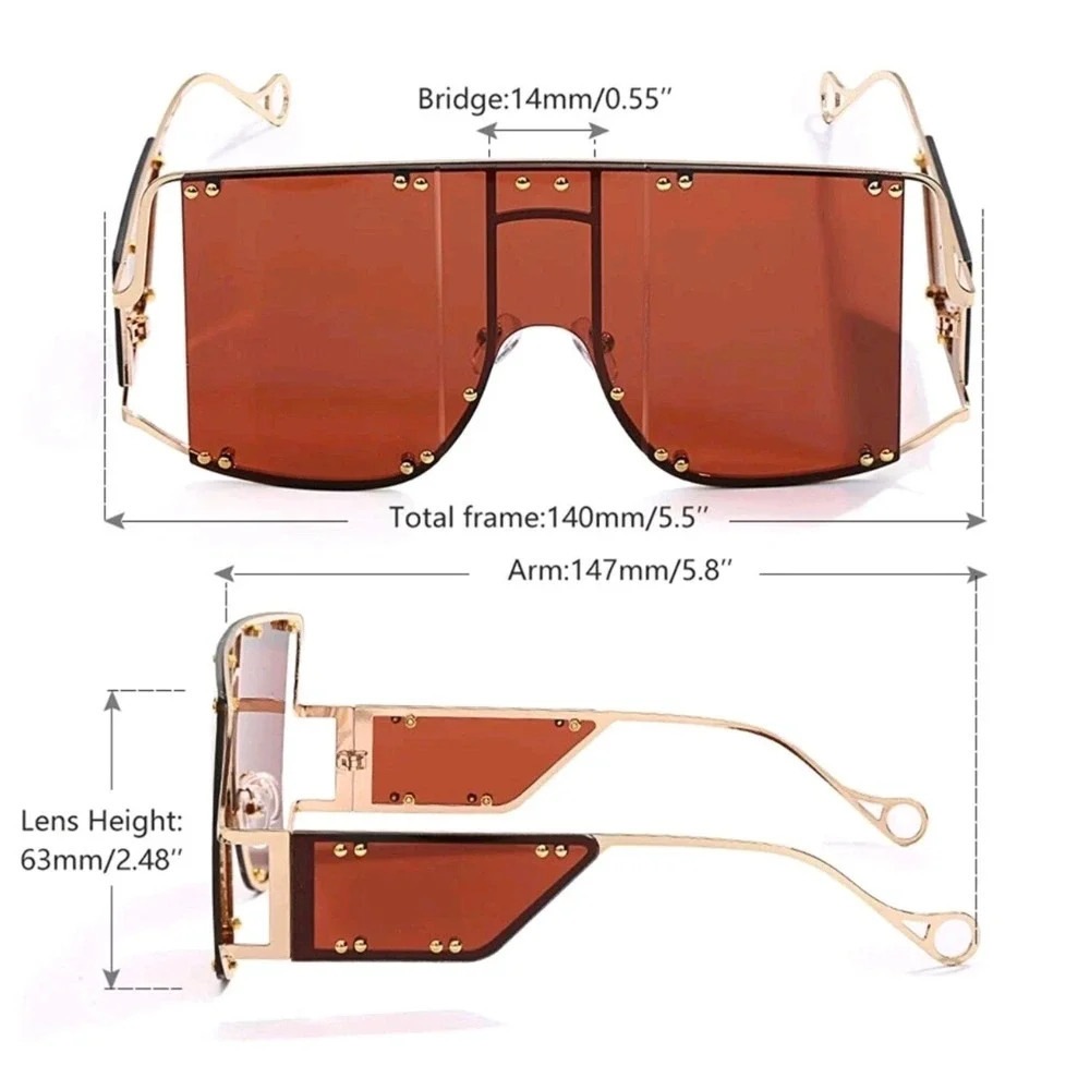 Shield Sunglasses Womens OS Brown NEW Oversized Gold Rivet Rimless Flat Top